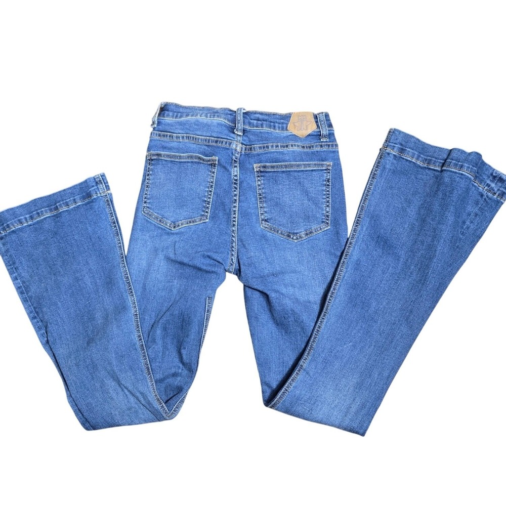 High Rise Flare Jean Med Wash Blue Front Patch Pocket Bell Bottom 26x31 Tin haul